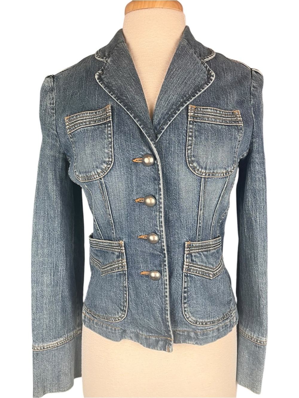 Vintage Denim Jacket Blazer Womens Small Military Y2K Indigo Blue Jean Tailored